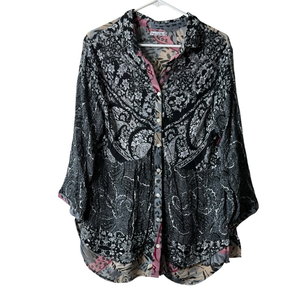 Vintage Amanda Blu Patchwork Button Front Long Sleeve Boho Blouse Babydoll